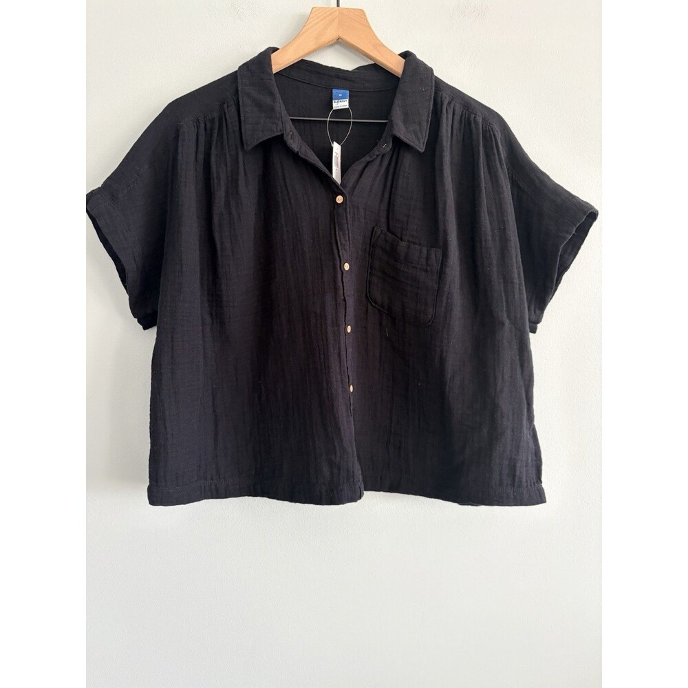 Old Navy Gauze Camp Shirt Medium Black Cotton Button Front Boho Pocketed